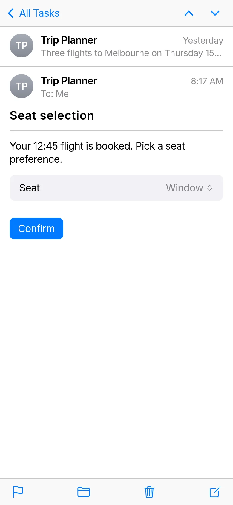 A thread from the Trip Planner: the earlier flight choice above, the seat selection below with a Confirm button.