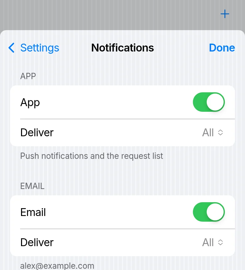 Settings, Notifications: the app and email each switched on, delivering all requests.