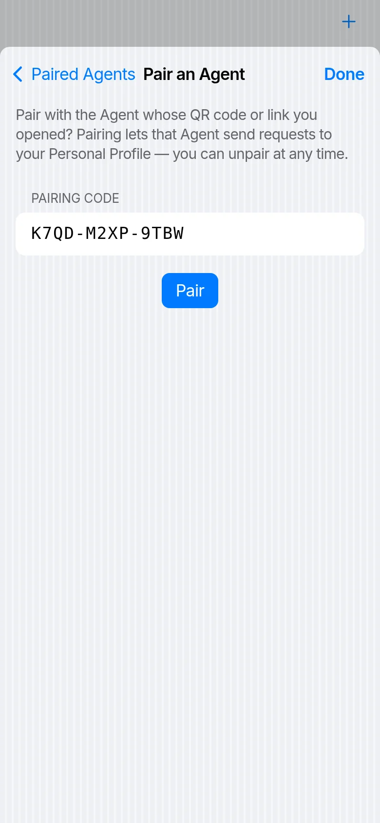 Pair an Agent: the pairing code filled in from a QR code, with a Pair button.