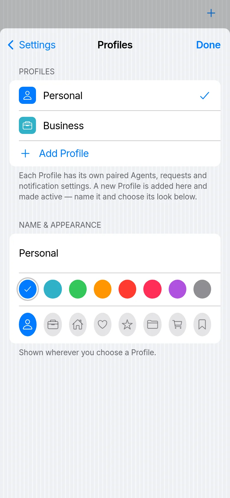 Settings, Profiles: Personal and Business, an Add Profile row, and the active Profile’s name, colour and symbol.