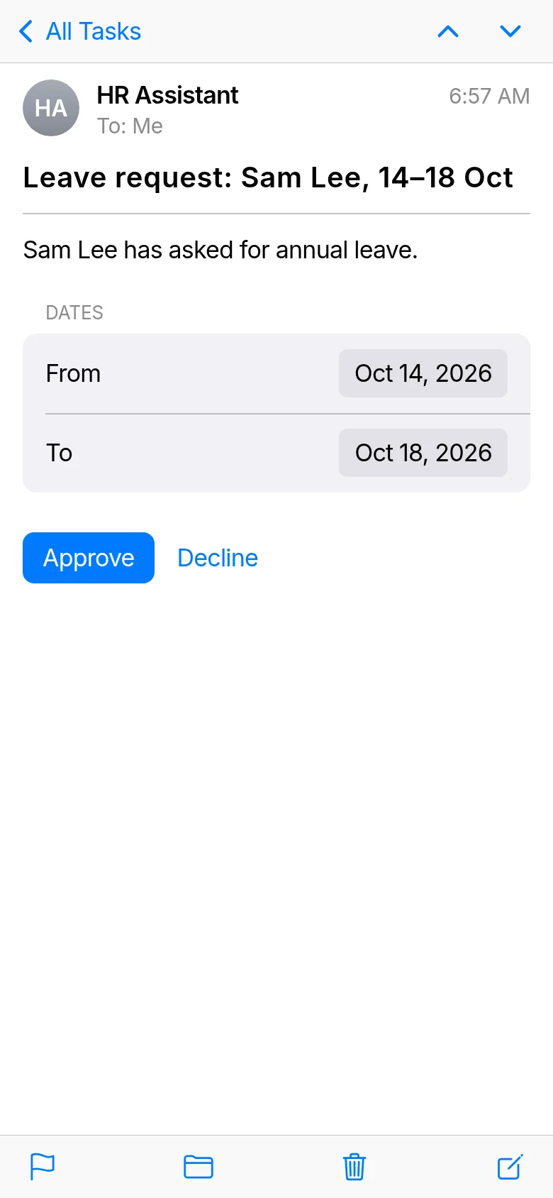 A leave request from the HR Assistant: the dates, with Approve and Decline buttons.