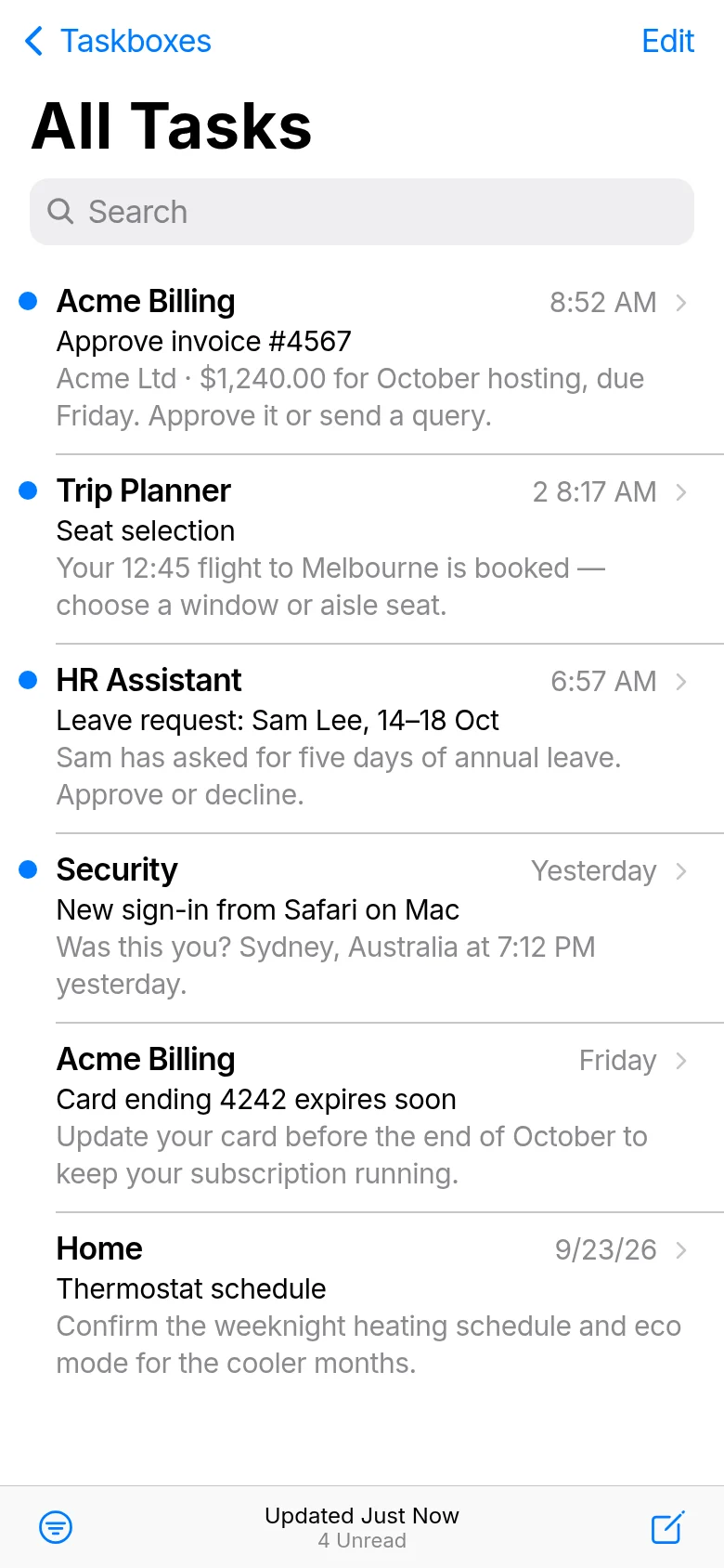 The All Tasks list: requests from Acme Billing, Trip Planner, HR Assistant and Security, each with a short summary.