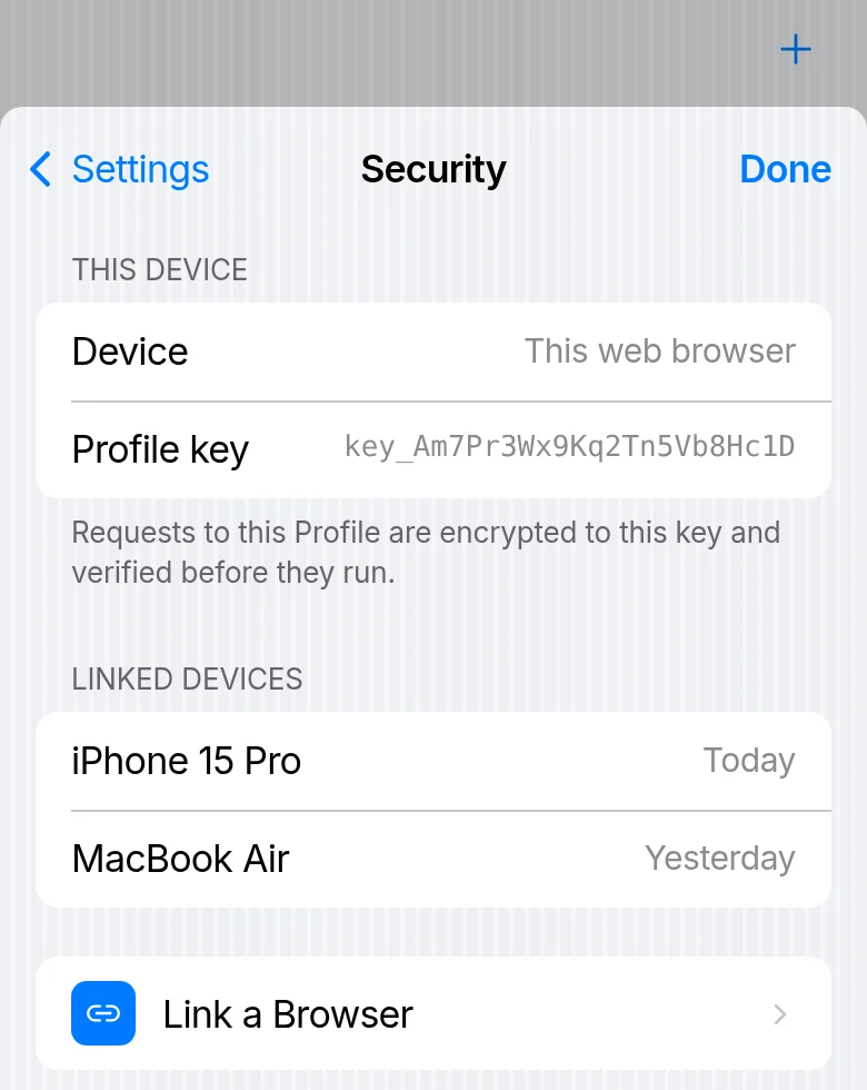 Settings, Security: this device’s Profile key, the linked devices, and Link a Browser.
