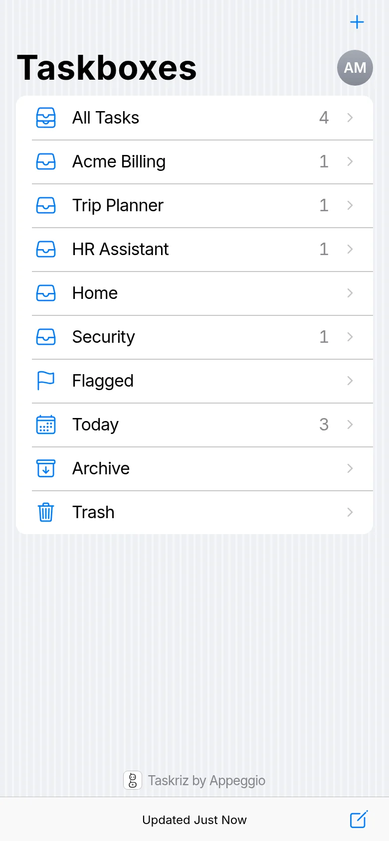 The Taskboxes screen: All Tasks, a taskbox per paired Agent with its unread count, then Flagged, Today, Archive and Trash.